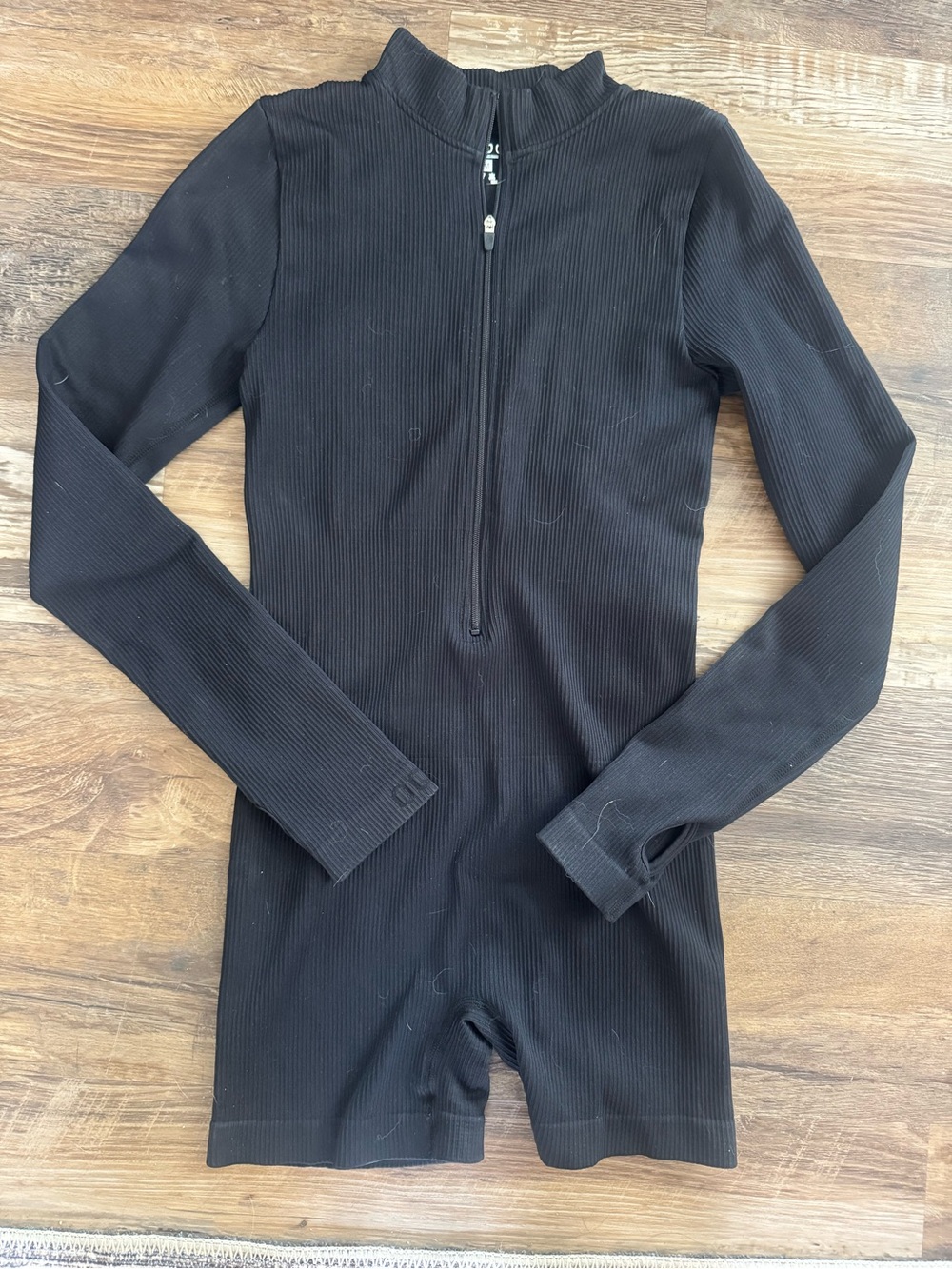 Amazon Black Ribbed Long-Sleeve Zip Romper